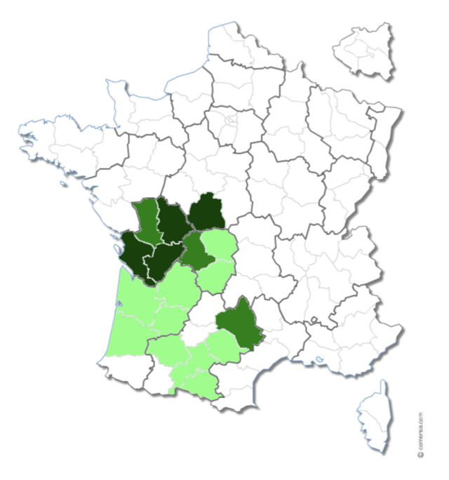 Concernant la CAA de Bordeaux, ce sont les départements de la Charente (16), de la Charente-Maritime (17), de l’Indre (36) et de Vienne (86) qui recensent le plus d’affaires (Carte n° 1).