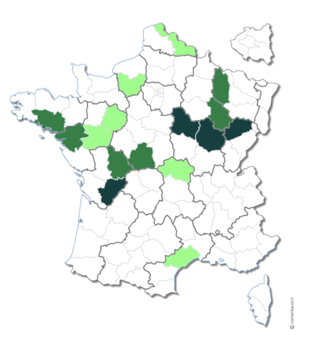 Pour ce qui est du Conseil d’État, il a été relevé que les affaires qui lui sont parvenues sont très relativement éparpillées sur le territoire. Ainsi, aucun « nid » à contentieux n’a été trouvé à cette échelle. Cependant, en prenant en compte les affaires les plus volumineuses en « chiffres absolus », ce sont les départements de la Charente (16), de la Côte-d’Or (21), de la Haute-Saône (70) et de Yonne (89) qui ressortent comme faisant parvenir le plus d’affaires au Conseil d’État (Carte n°4).